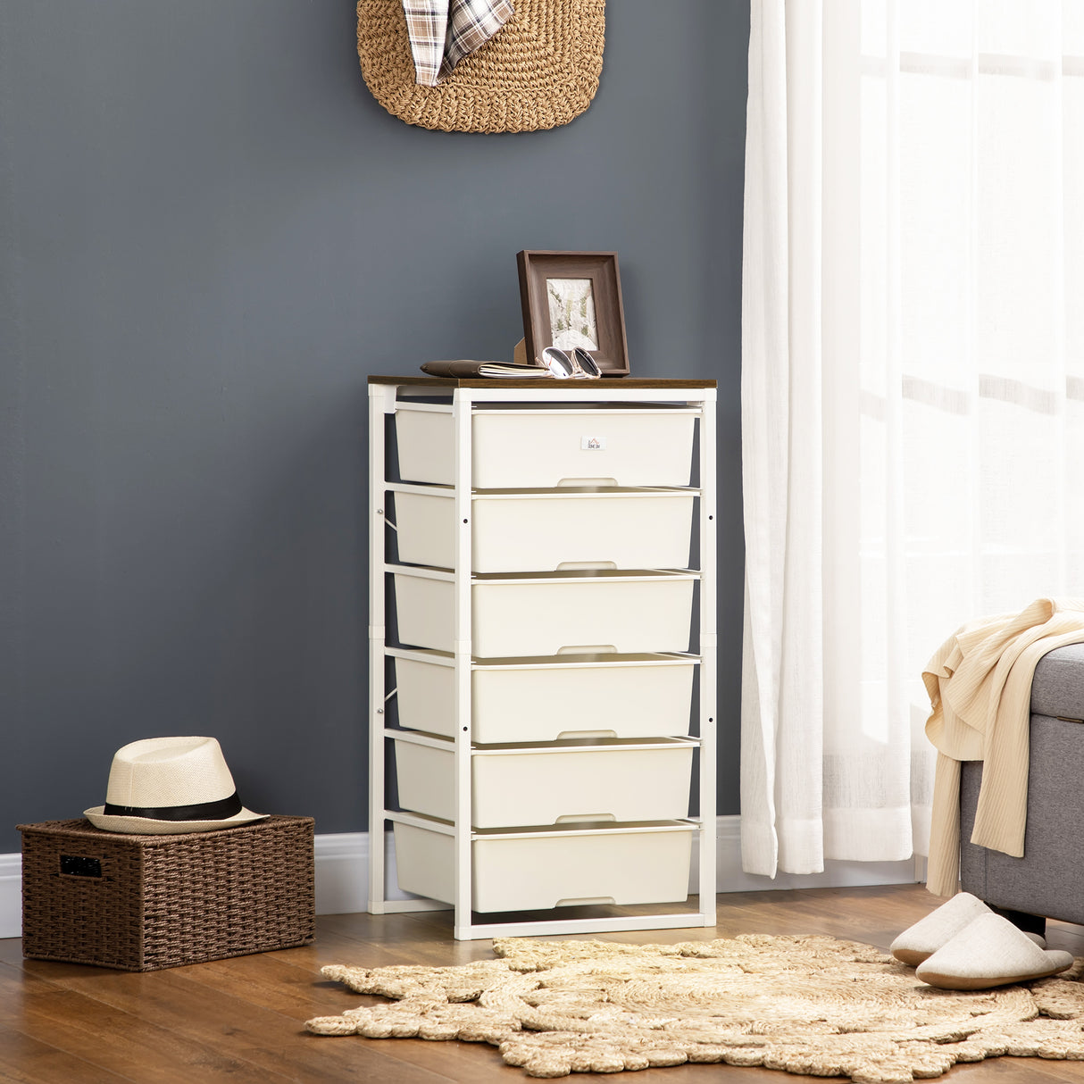 Wooden Chest Of 5 Plastic Drawers 41.5cm Wide With Steel Frame - Velmora