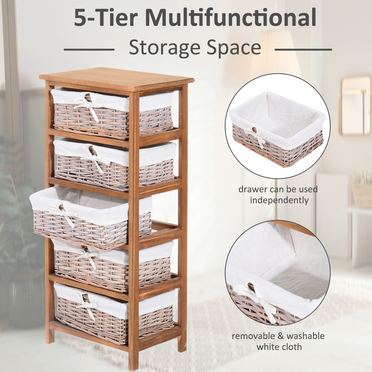 Wooden Chest Of 5 Wicker Drawers 40cm Wide - Velmora