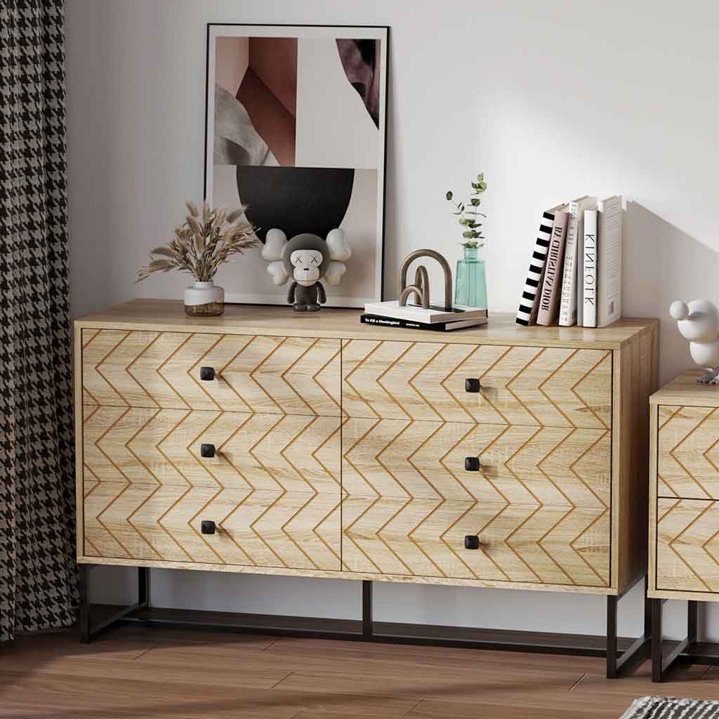 Wooden Chest Of 6 Drawers 120cm Wide With Metal Frame - Velmora