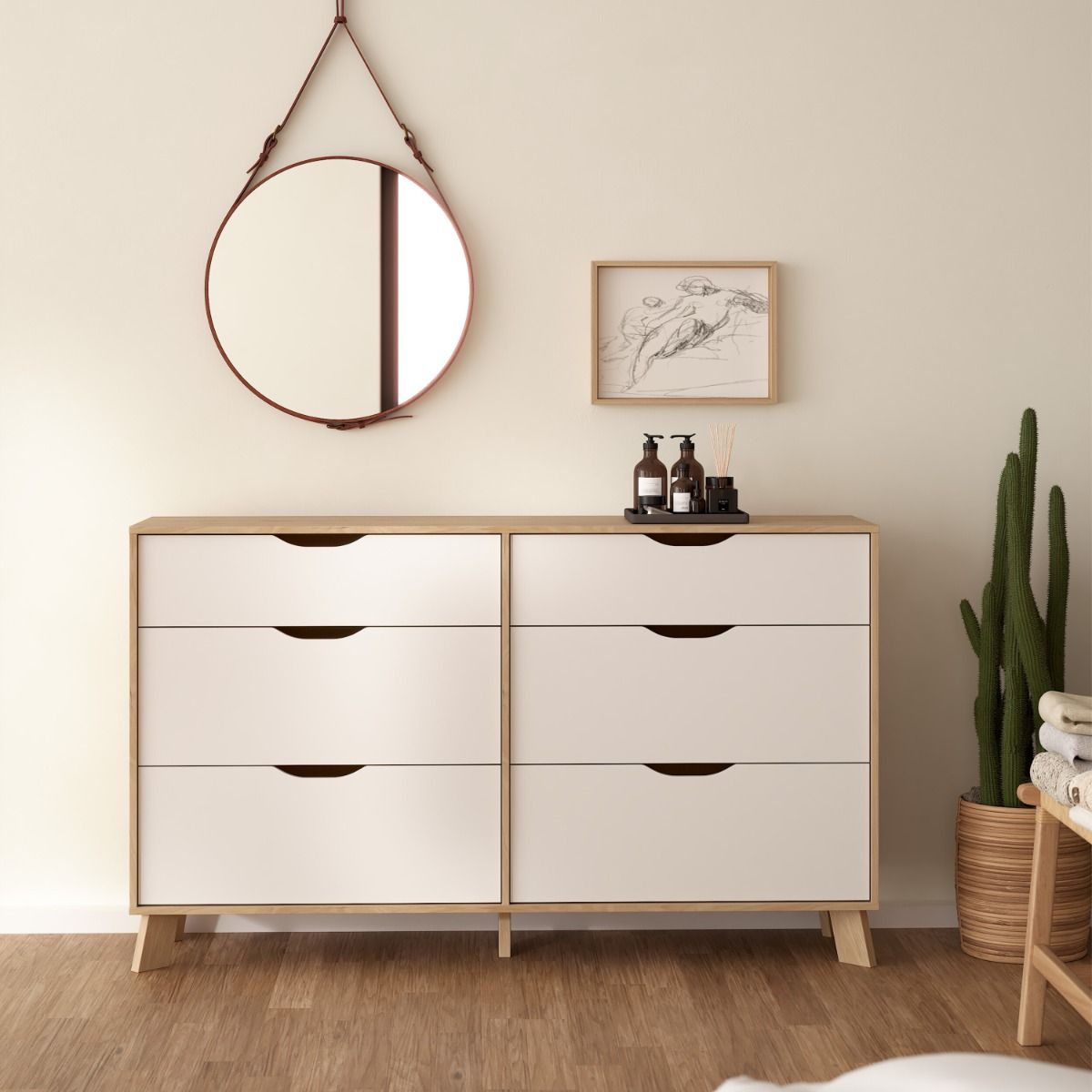 Wooden Chest Of 6 Drawers Double Dresser With White Fronts - Ikast