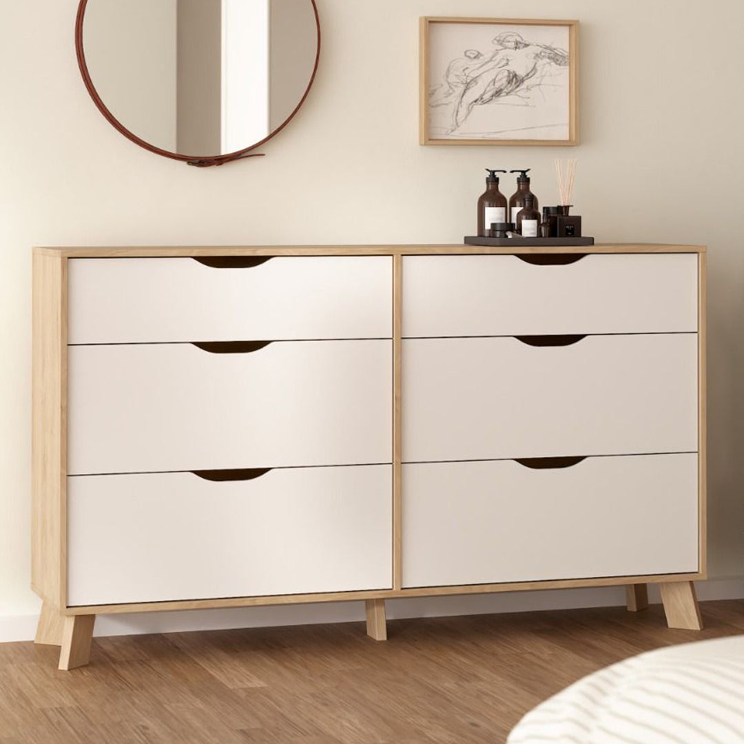 Wooden Chest Of 6 Drawers Double Dresser With White Fronts - Ikast