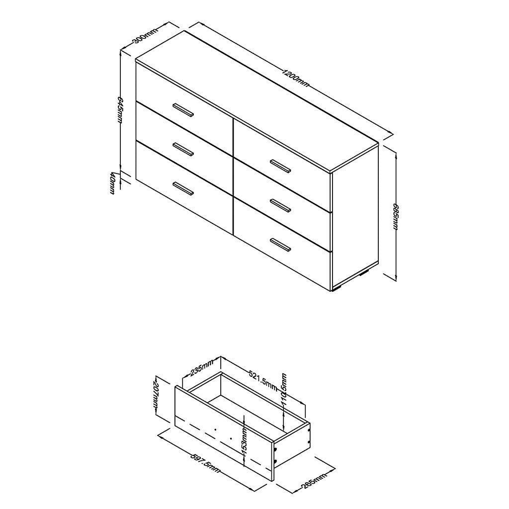Wooden Chest Of 6 Drawers Wide - Lido