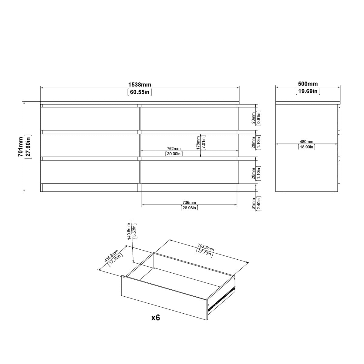Wooden Chest Of 6 Drawers Wide - Naia