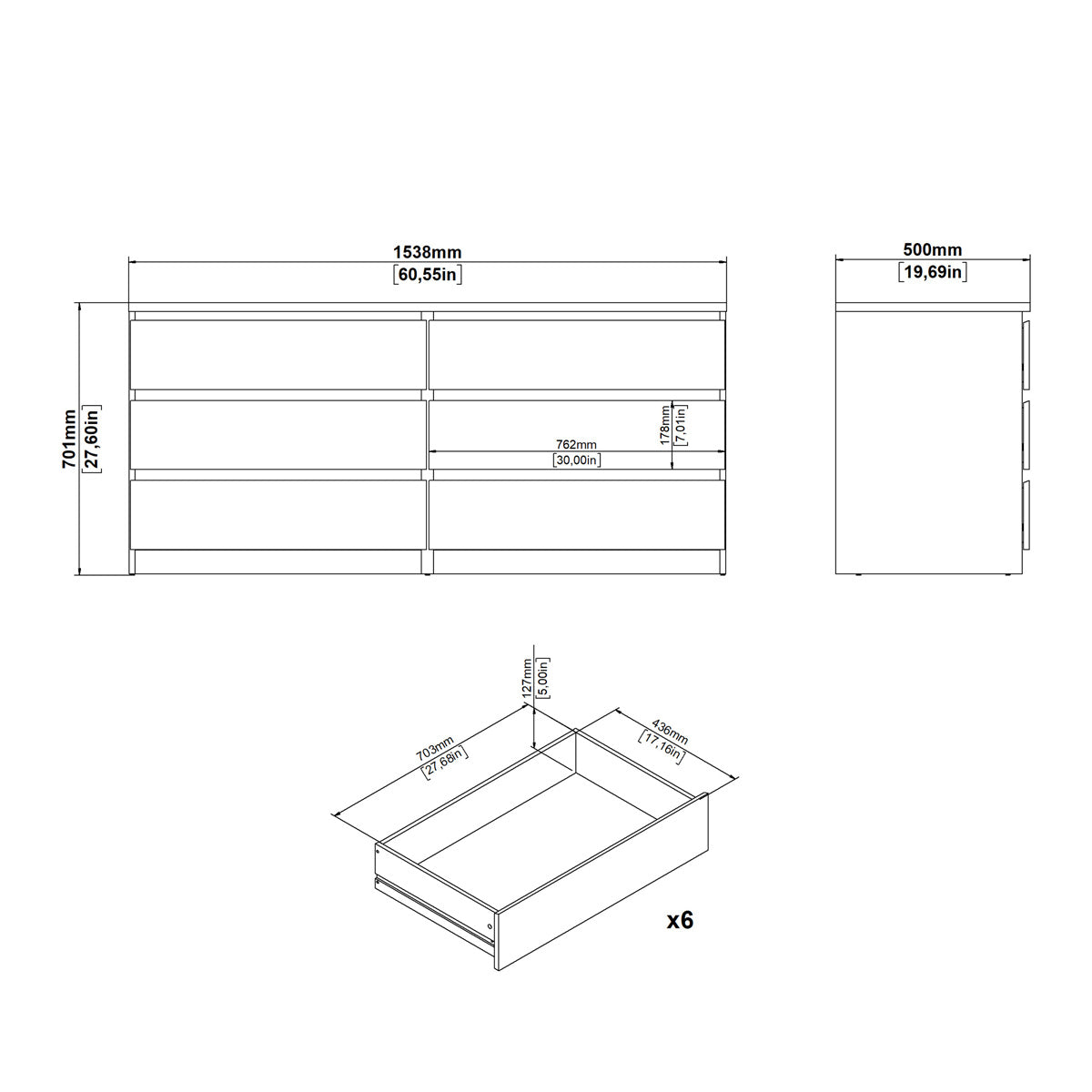 Wooden Chest Of 6 Drawers Wide - Naia