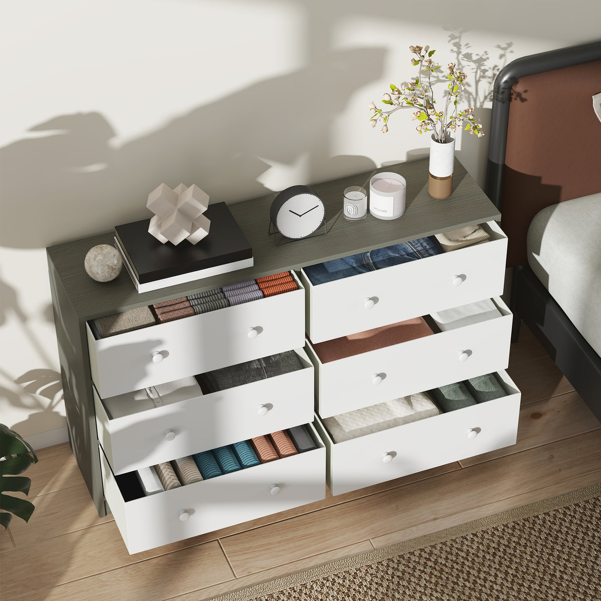 Wooden Chest Of 6 Fabric Drawers 114cm Wide - Velmora