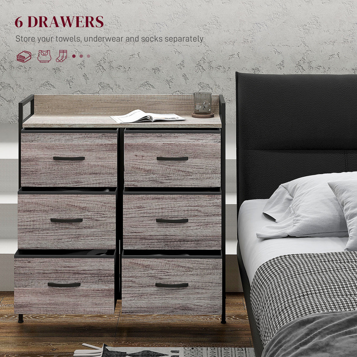 Wooden Chest Of 6 Fabric Drawers 79cm Wide With Steel Frame - Velmora
