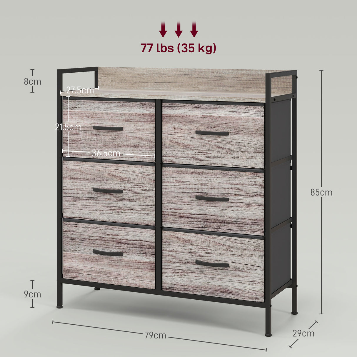 Wooden Chest Of 6 Fabric Drawers 79cm Wide With Steel Frame - Velmora