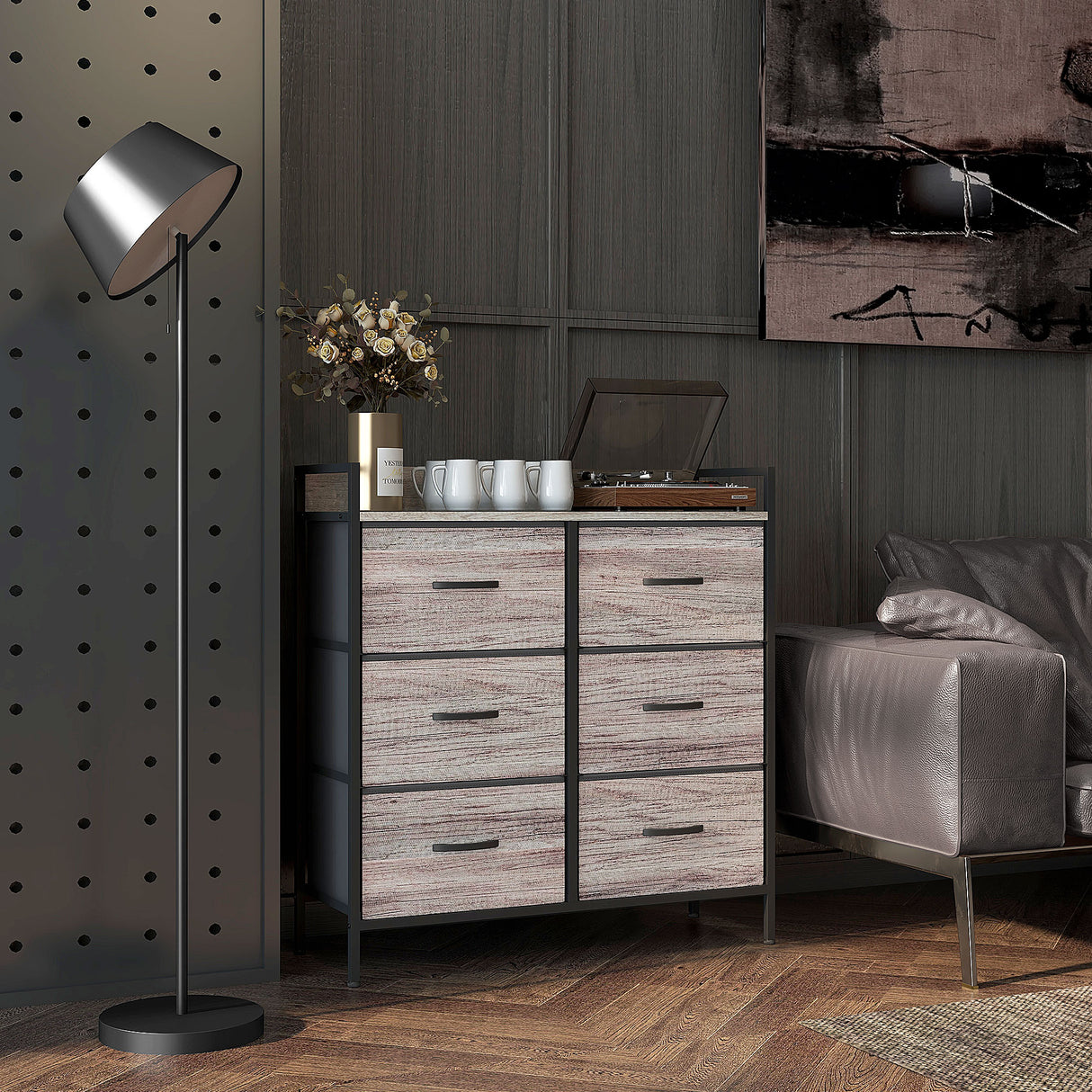 Wooden Chest Of 6 Fabric Drawers 79cm Wide With Steel Frame - Velmora
