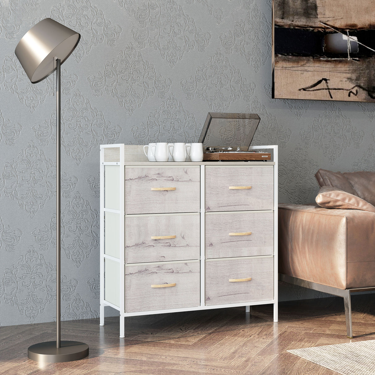 Wooden Chest Of 6 Fabric Drawers 79cm Wide With Steel Frame - Velmora