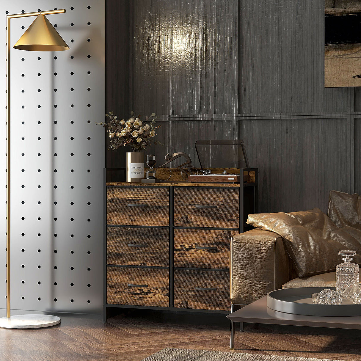 Wooden Chest Of 6 Fabric Drawers 79cm Wide With Steel Frame - Velmora