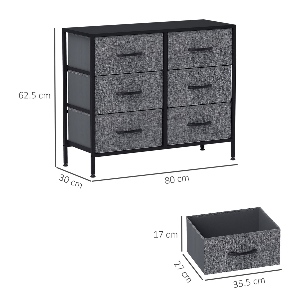 Wooden Chest Of 6 Fabric Drawers 80cm Wide With Steel Frame - Velmora