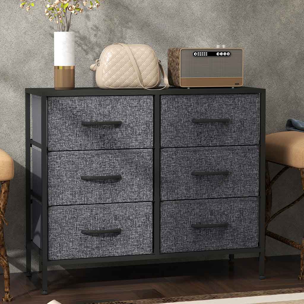 Wooden Chest Of 6 Fabric Drawers 80cm Wide With Steel Frame - Velmora