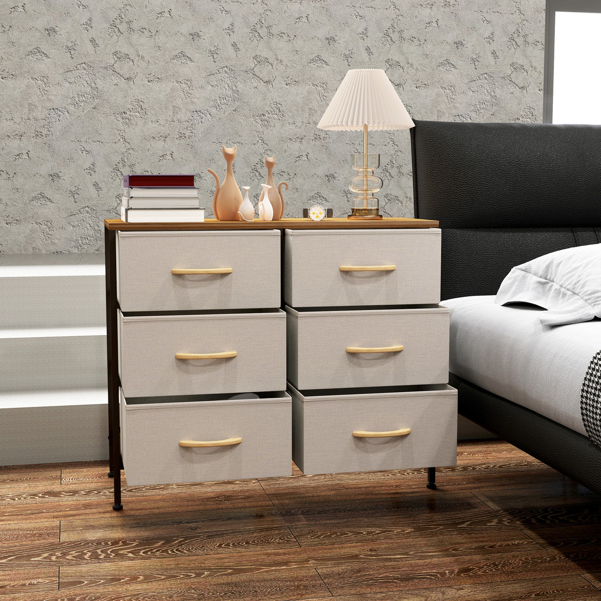 Wooden Chest Of 6 Fabric Drawers 80cm Wide With Steel Frame - Velmora