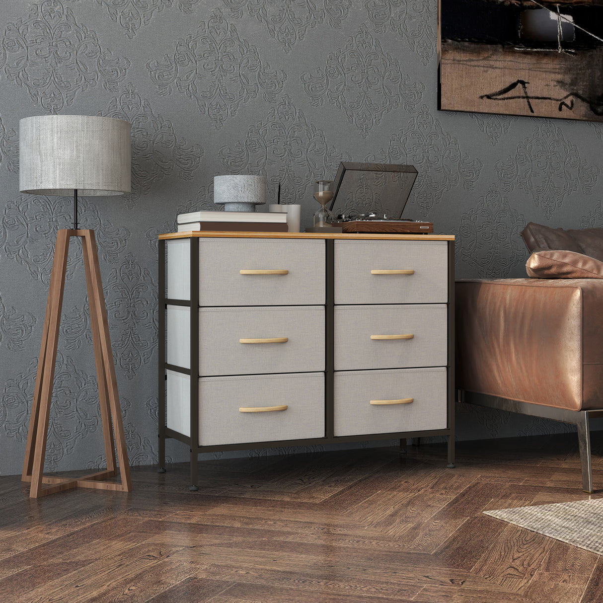 Wooden Chest Of 6 Fabric Drawers 80cm Wide With Steel Frame - Velmora