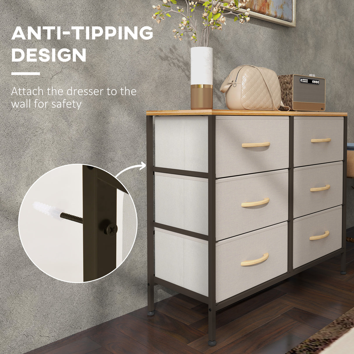 Wooden Chest Of 6 Fabric Drawers 80cm Wide With Steel Frame - Velmora