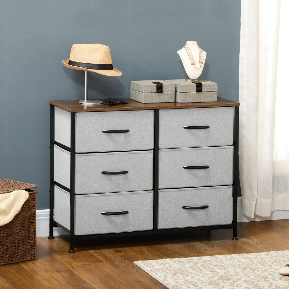 Wooden Chest Of 6 Fabric Drawers 80cm Wide With Steel Frame - Velmora