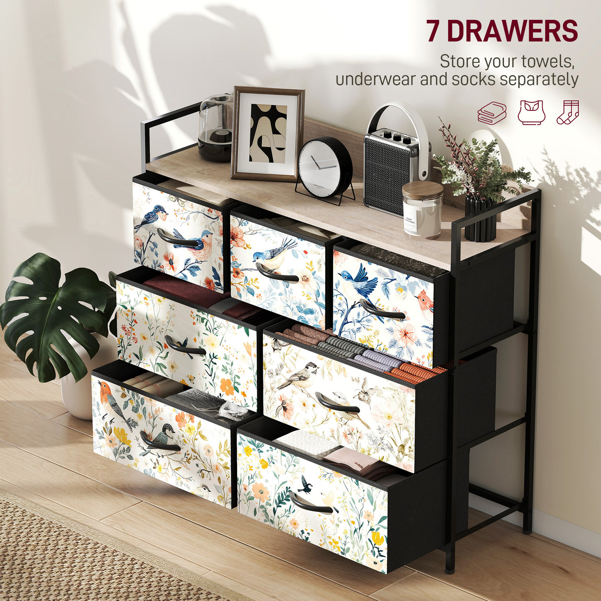 Wooden Chest Of 6 Fabric Drawers 98cm Wide With Steel Frame - Velmora