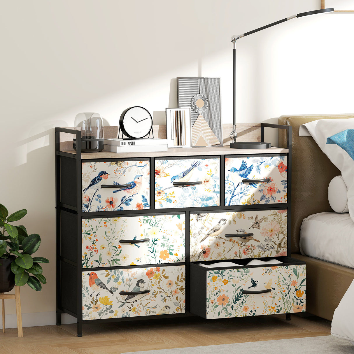 Wooden Chest Of 6 Fabric Drawers 98cm Wide With Steel Frame - Velmora