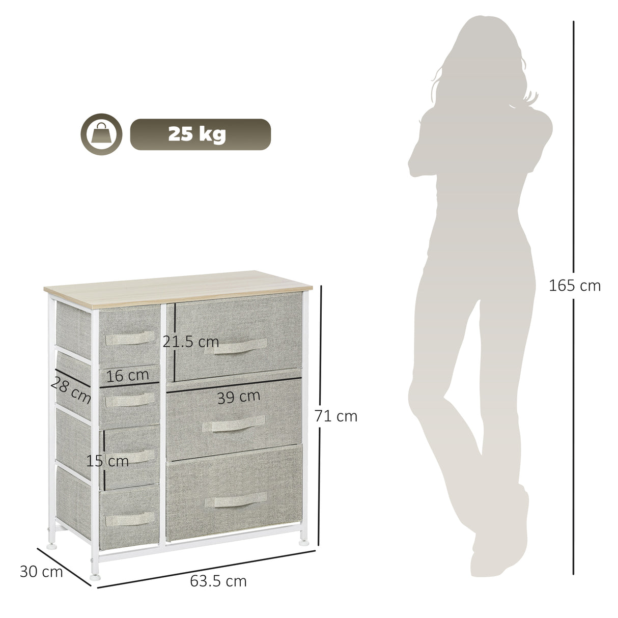 Wooden Chest Of 7 Fabric Drawers 63.5cm Wide With Steel Frame - Velmora