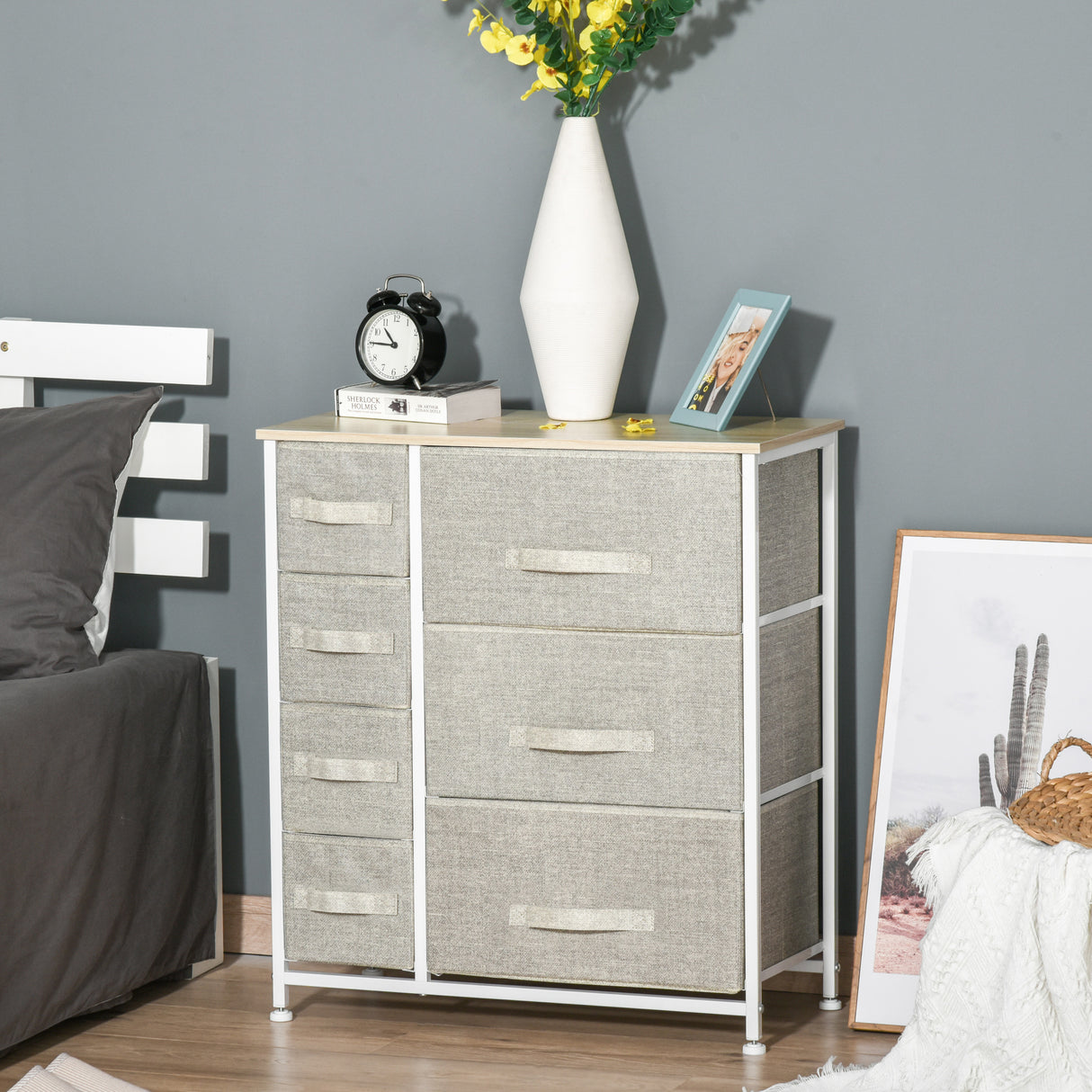 Wooden Chest Of 7 Fabric Drawers 63.5cm Wide With Steel Frame - Velmora
