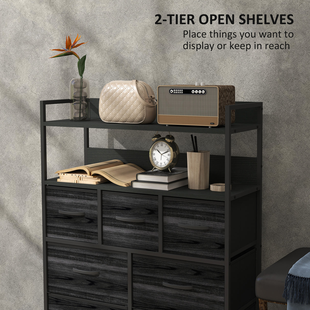 Wooden Chest Of 7 Fabric Drawers 79cm Wide With Steel Frame - Velmora
