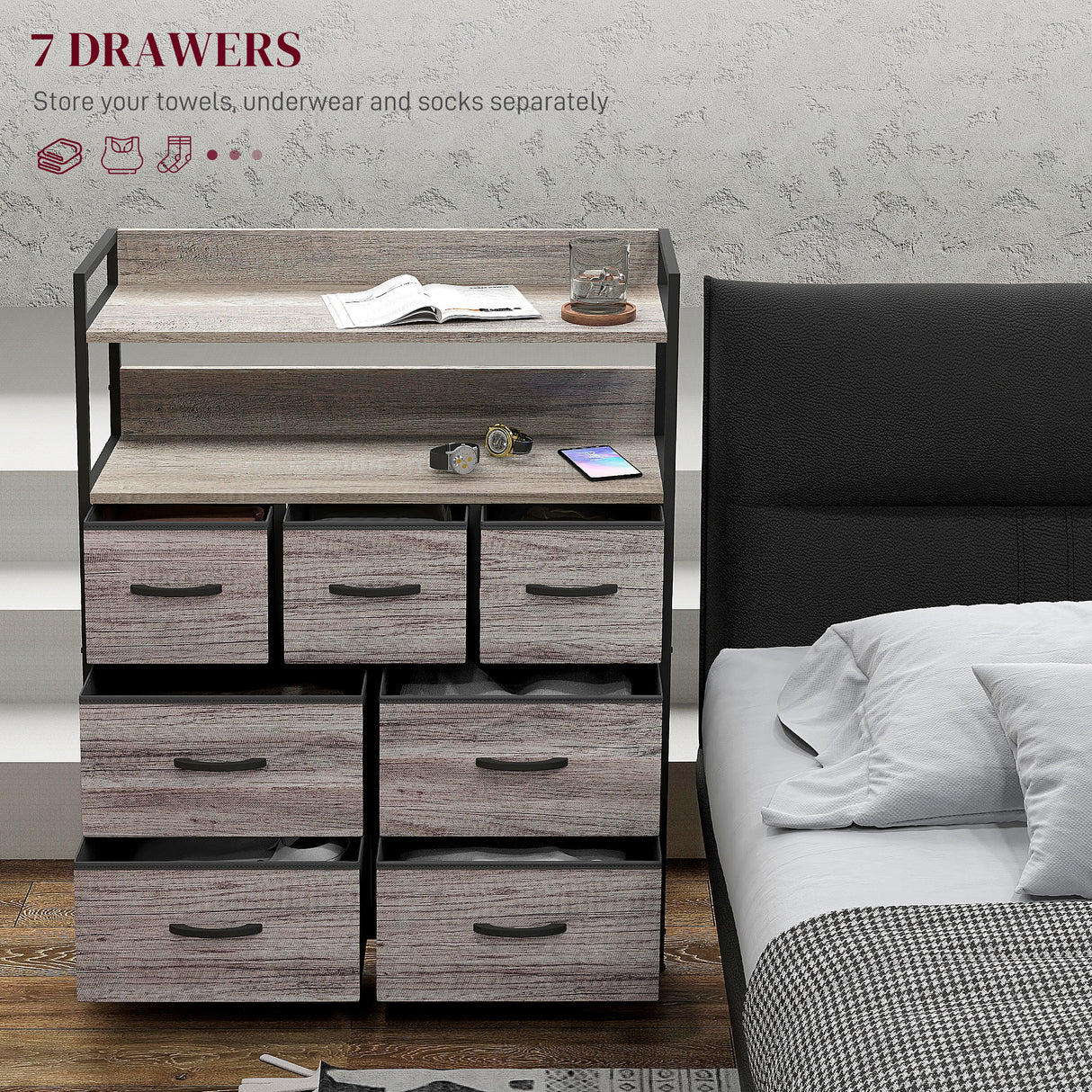 Wooden Chest Of 7 Fabric Drawers 79cm Wide With Steel Frame - Velmora