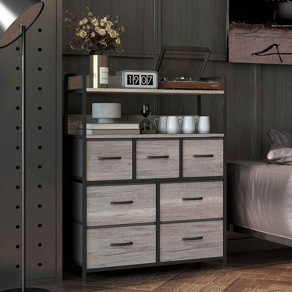 Wooden Chest Of 7 Fabric Drawers 79cm Wide With Steel Frame - Velmora