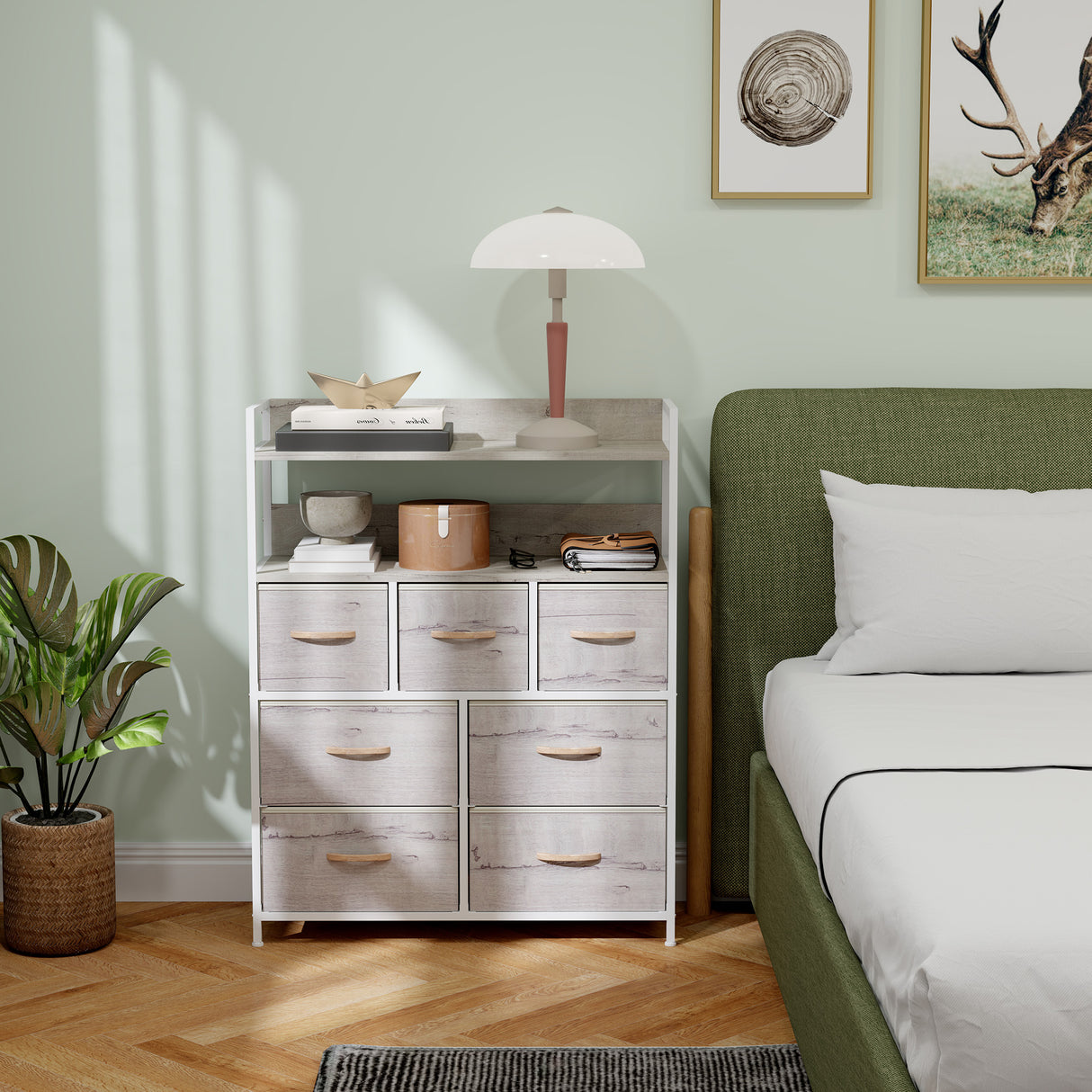 Wooden Chest Of 7 Fabric Drawers 79cm Wide With Steel Frame - Velmora