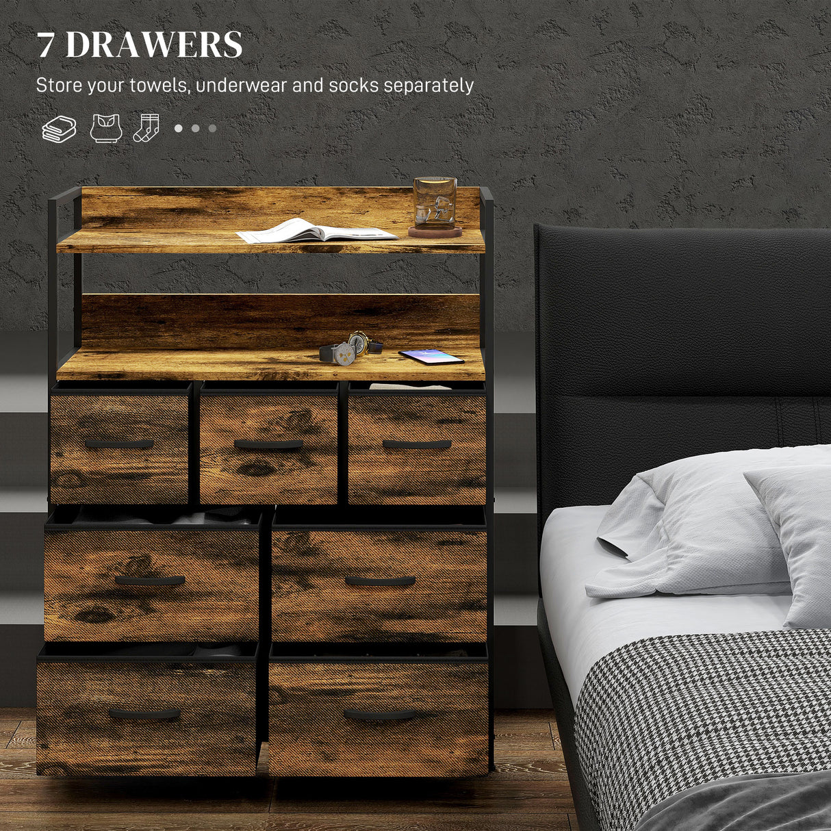 Wooden Chest Of 7 Fabric Drawers 79cm Wide With Steel Frame - Velmora