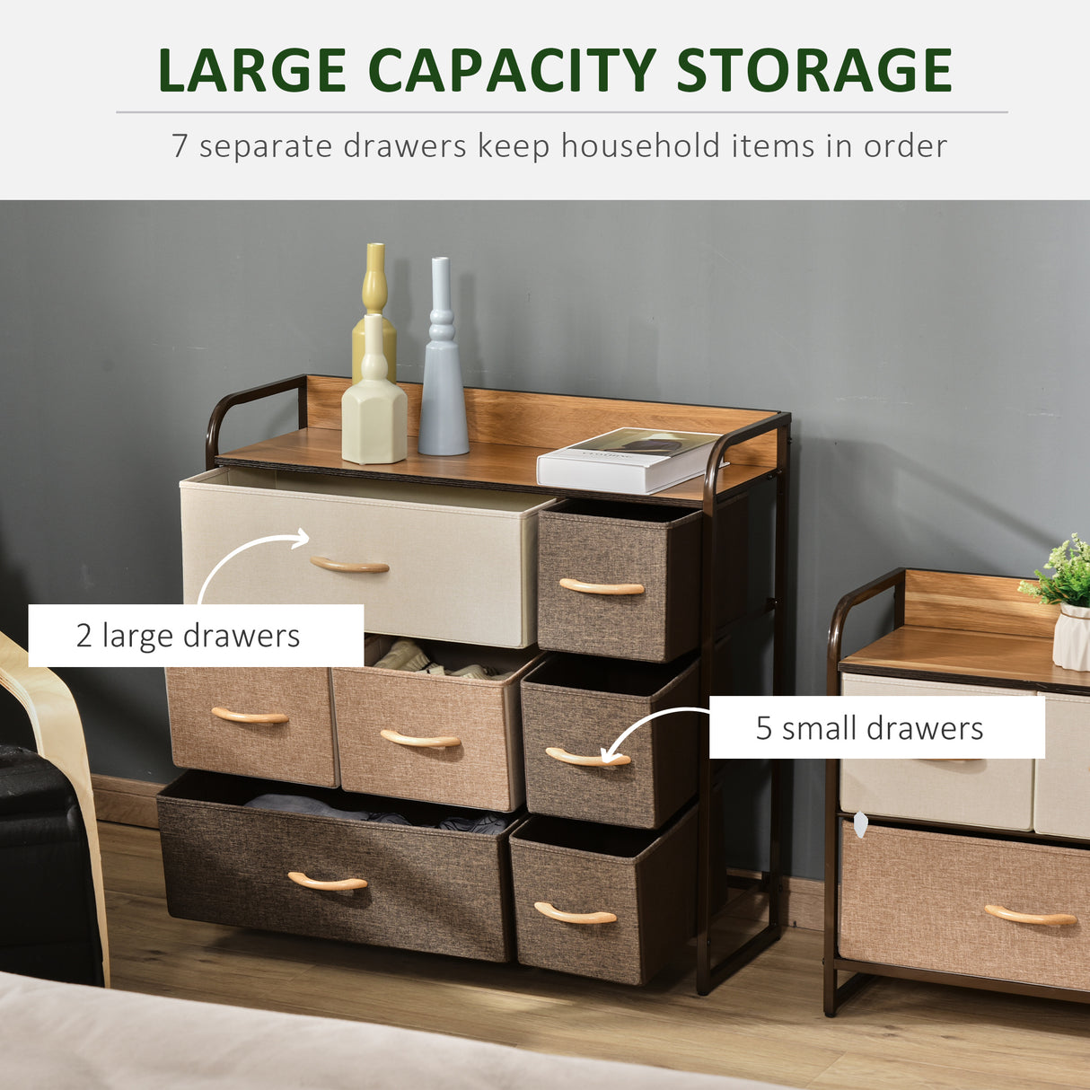 Wooden Chest Of 7 Fabric Drawers 80cm Wide With Metal Frame - Velmora