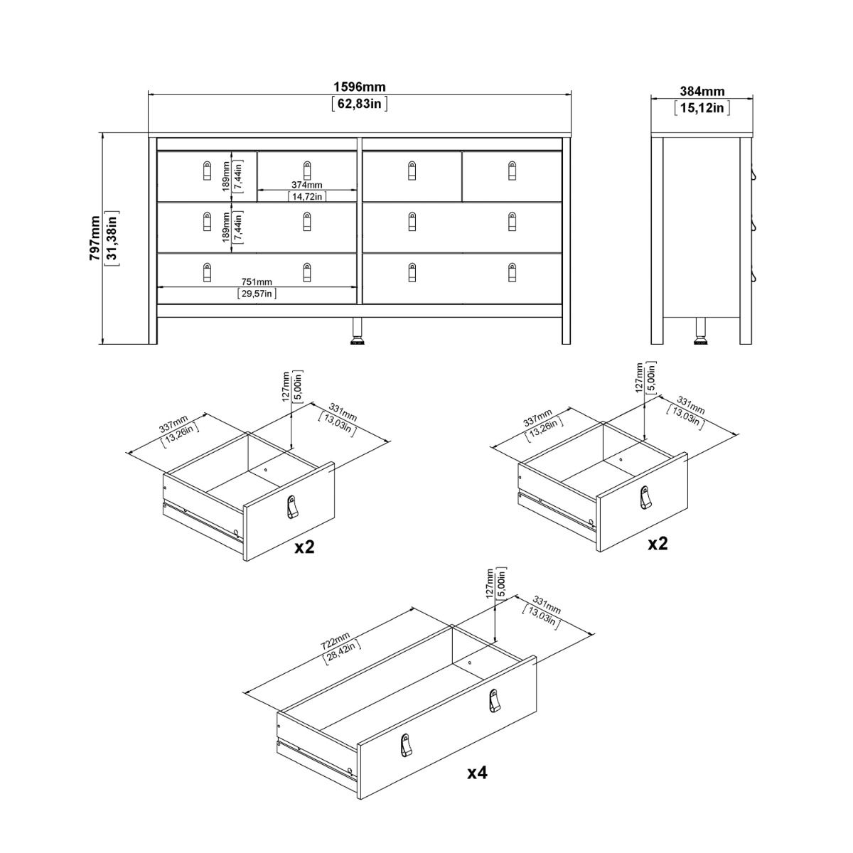 Wooden Chest Of 8 Drawers Double Dresser - Barcelona