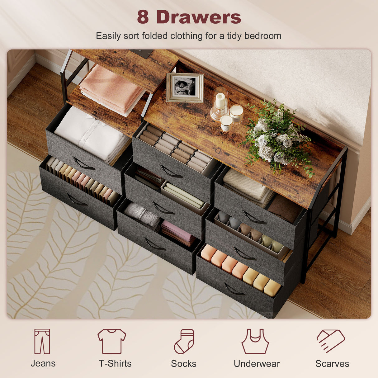 Wooden Chest Of 8 Fabric Drawers 130.5cm Wide With Steel Frame - Velmora