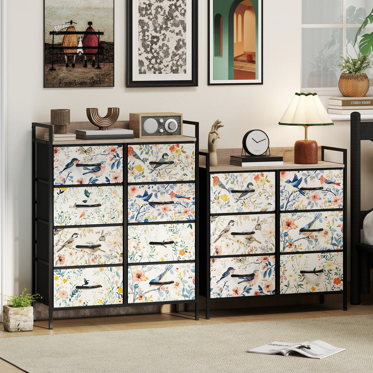 Wooden Chest Of 8 Fabric Drawers 79cm Wide With Steel Frame - Velmora