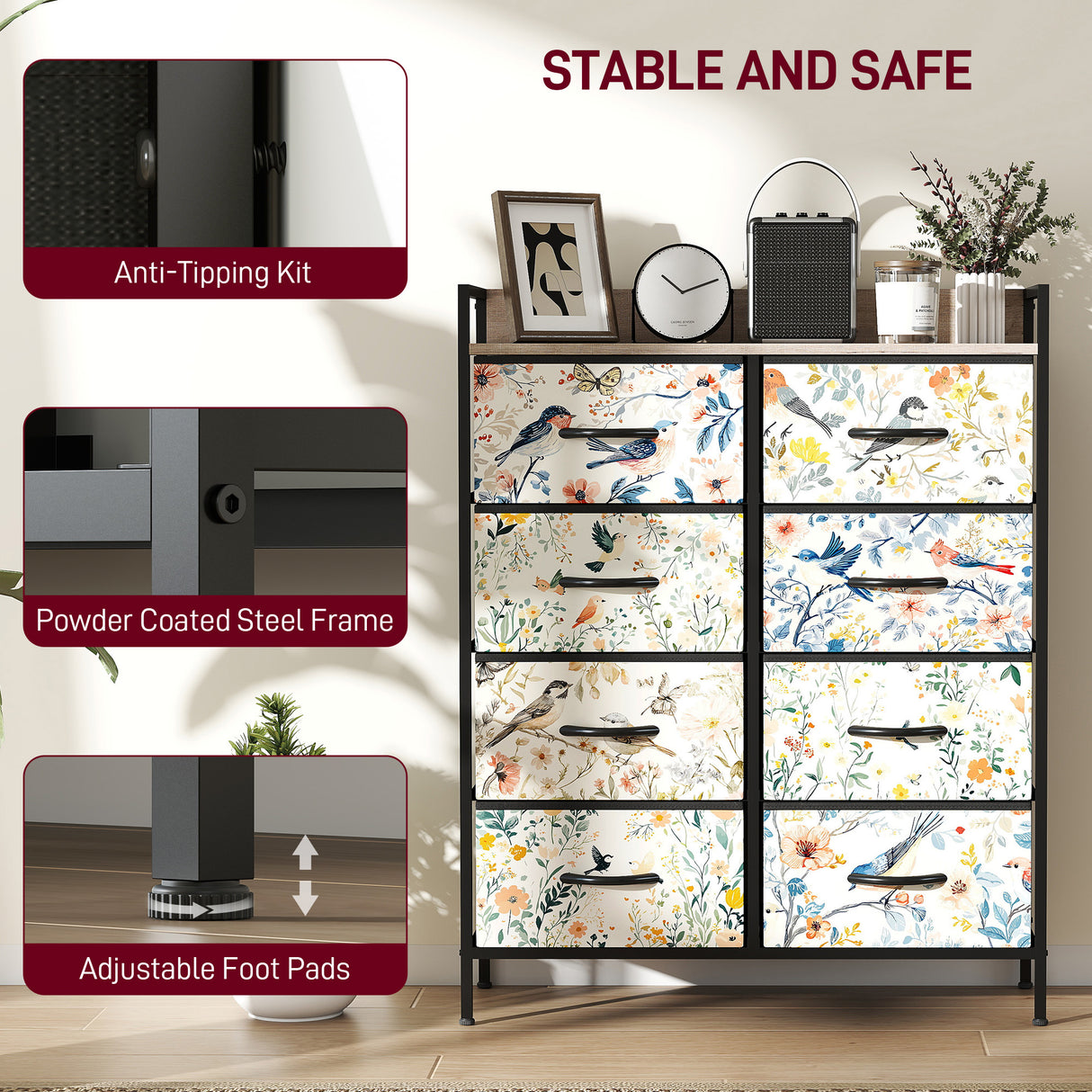 Wooden Chest Of 8 Fabric Drawers 79cm Wide With Steel Frame - Velmora