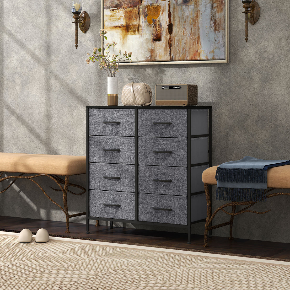 Wooden Chest Of 8 Fabric Drawers 80cm Wide With Steel Frame - Velmora