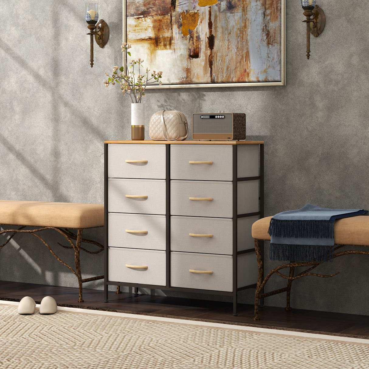 Wooden Chest Of 8 Fabric Drawers 80cm Wide With Steel Frame - Velmora