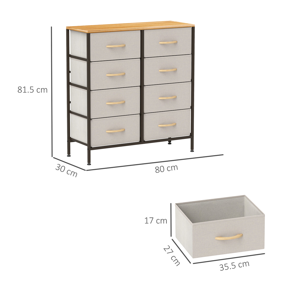 Wooden Chest Of 8 Fabric Drawers 80cm Wide With Steel Frame - Velmora