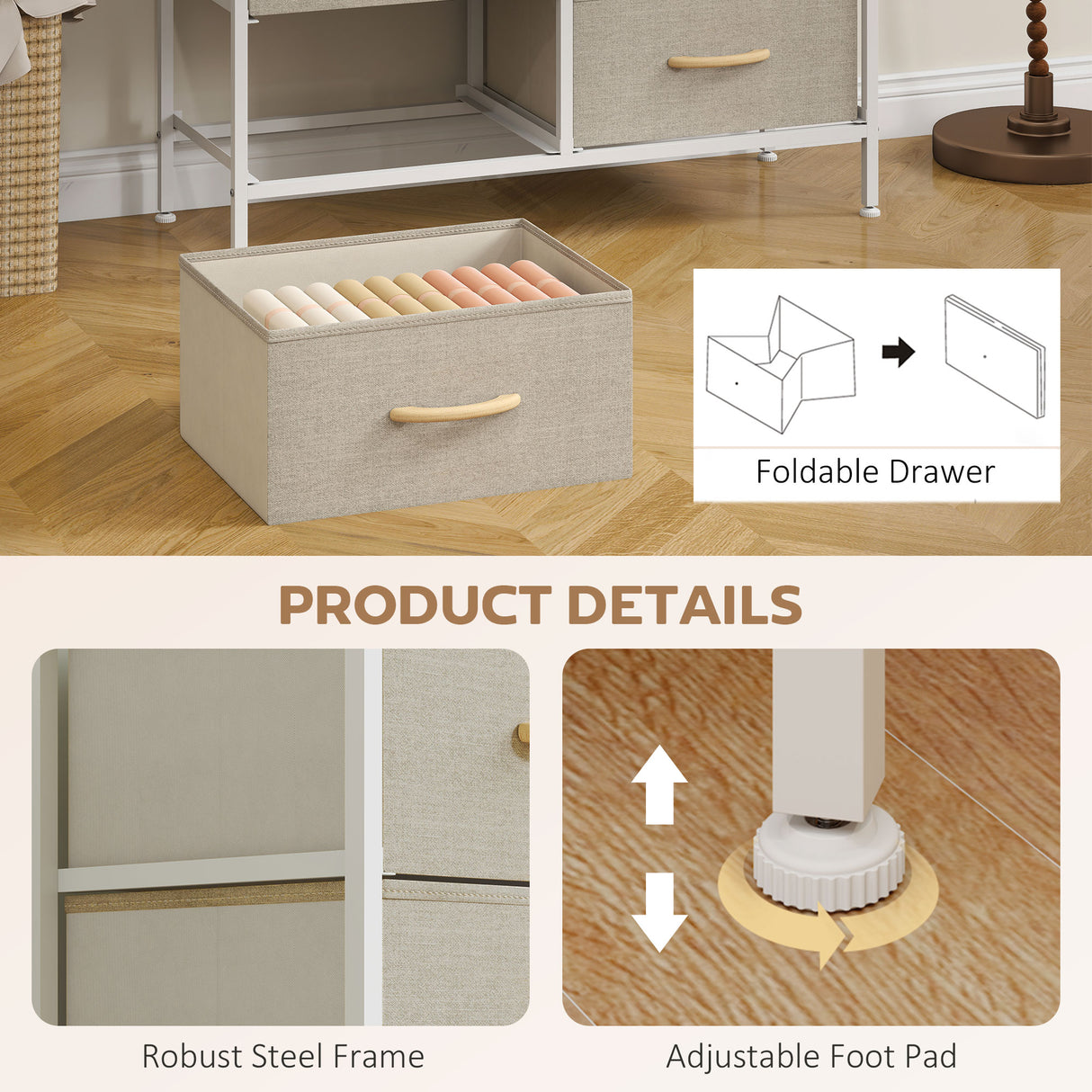 Wooden Chest Of 8 Fabric Drawers 80cm Wide With Steel Frame - Velmora