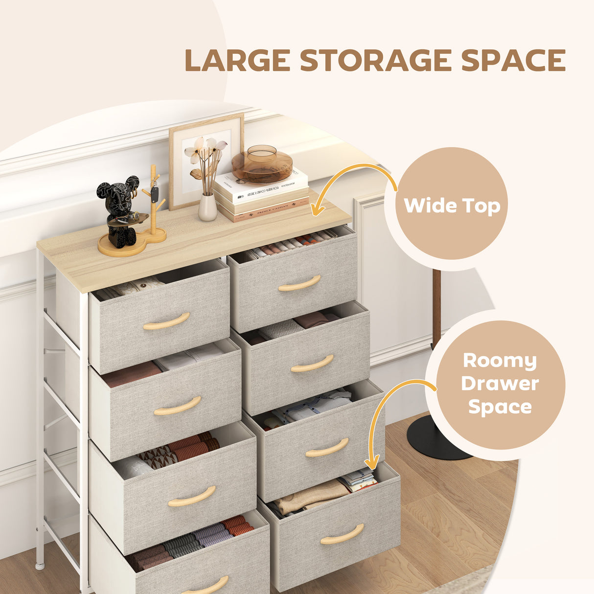 Wooden Chest Of 8 Fabric Drawers 80cm Wide With Steel Frame - Velmora