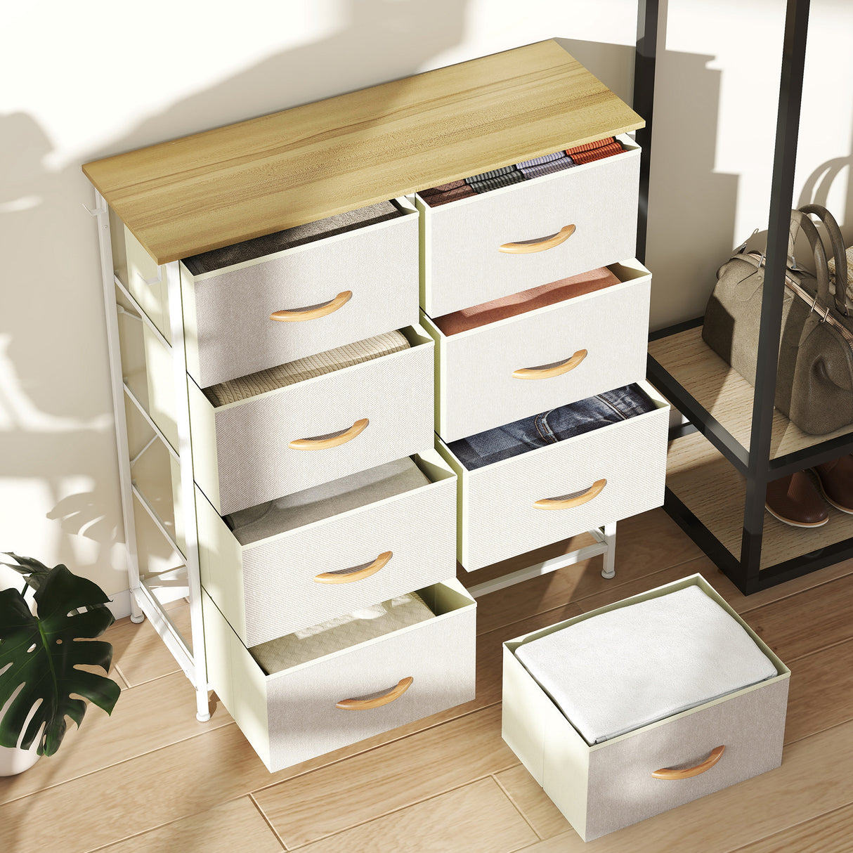 Wooden Chest Of 8 Fabric Drawers 86cm Wide With Steel Frame - Velmora