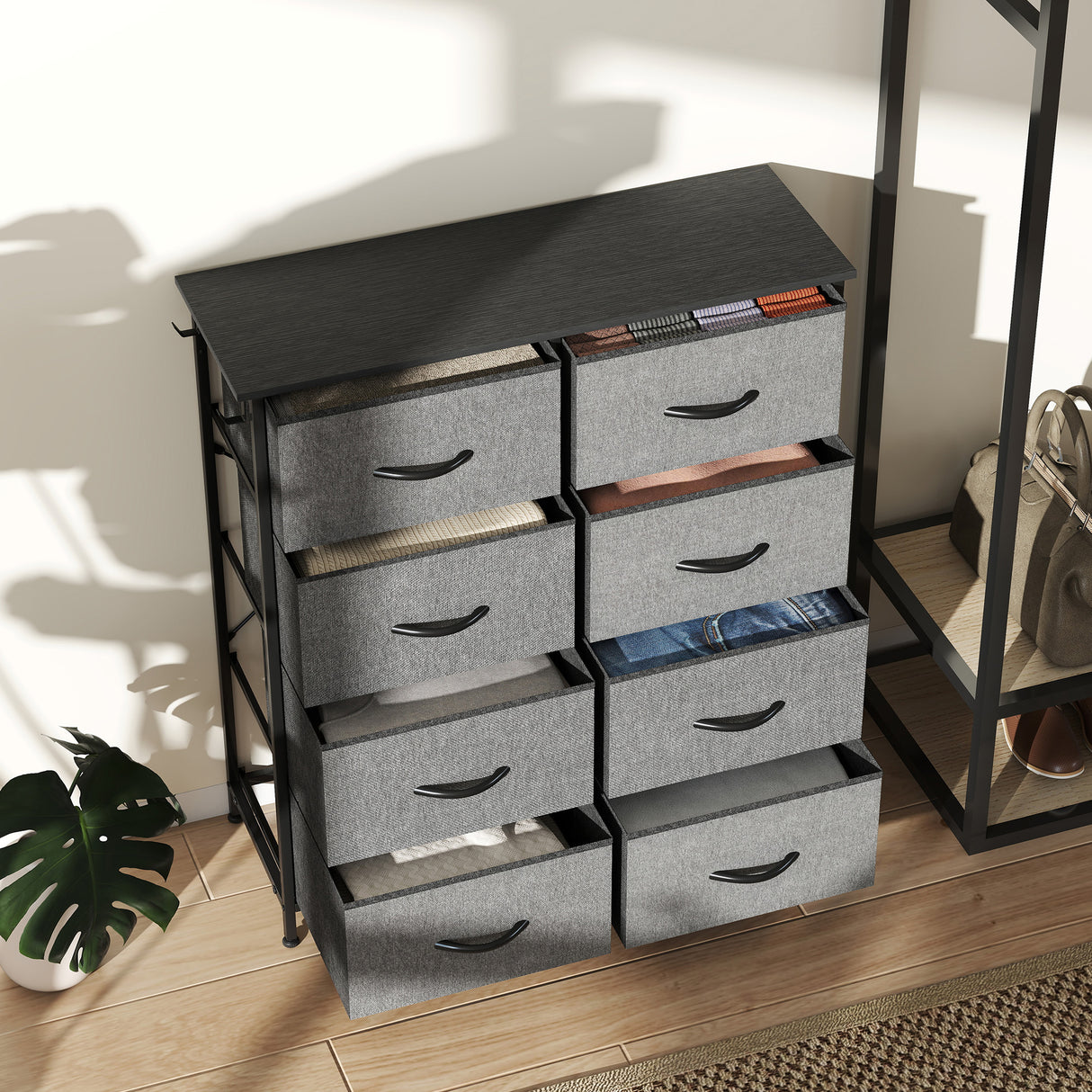 Wooden Chest Of 8 Fabric Drawers 86cm Wide With Steel Frame - Velmora