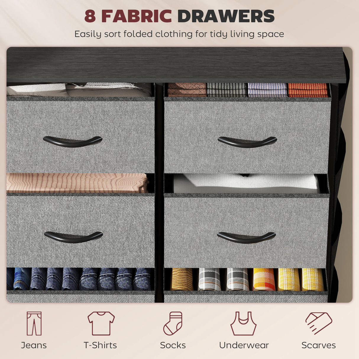 Wooden Chest Of 8 Fabric Drawers 86cm Wide With Steel Frame - Velmora
