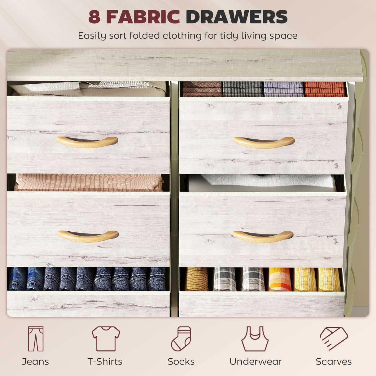 Wooden Chest Of 8 Fabric Drawers 86cm Wide With Steel Frame - Velmora