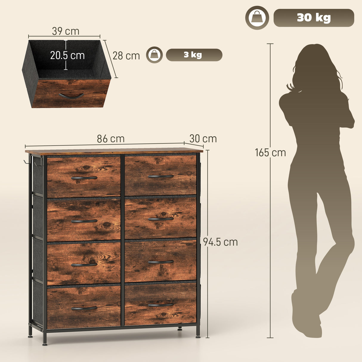 Wooden Chest Of 8 Fabric Drawers 86cm Wide With Steel Frame - Velmora