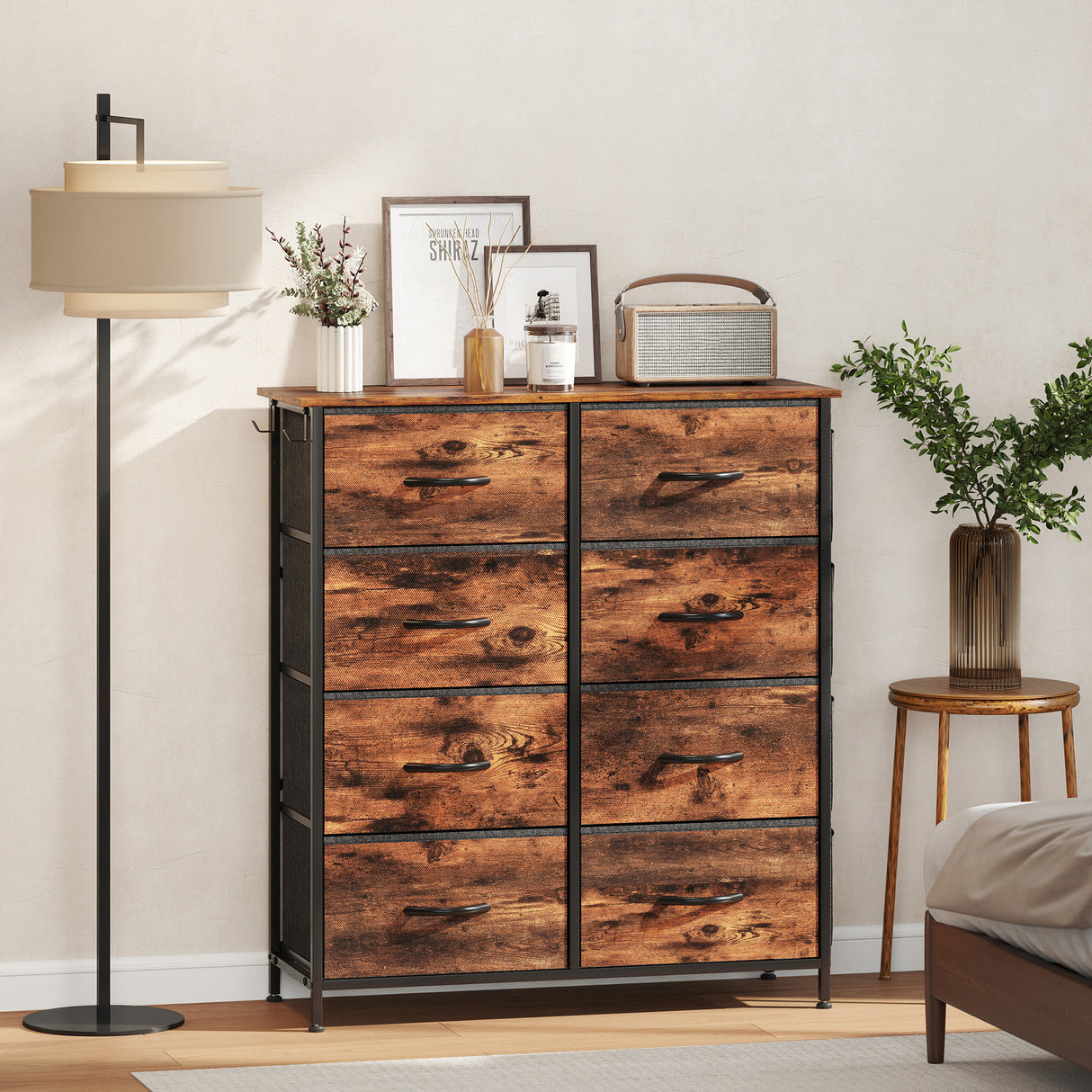 Wooden Chest Of 8 Fabric Drawers 86cm Wide With Steel Frame - Velmora