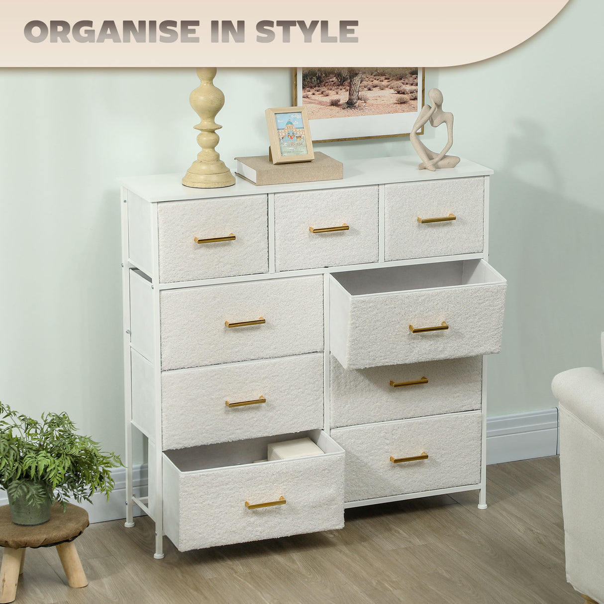 Wooden Chest Of 9 Fabric Drawers 100cm Wide With Steel Frame - Velmora
