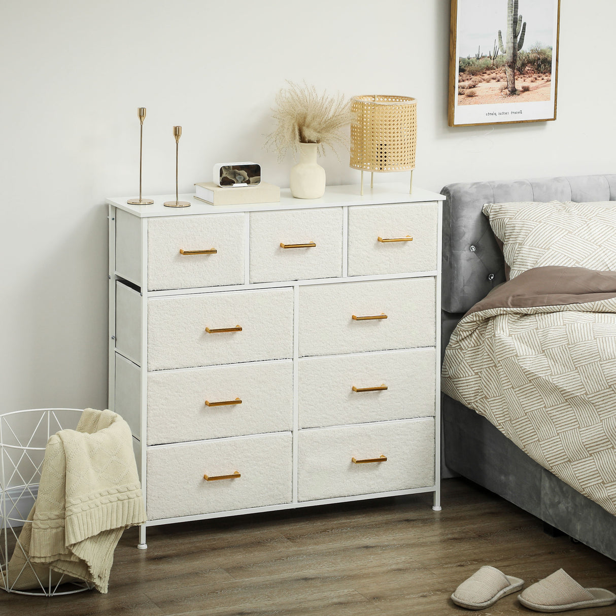 Wooden Chest Of 9 Fabric Drawers 100cm Wide With Steel Frame - Velmora