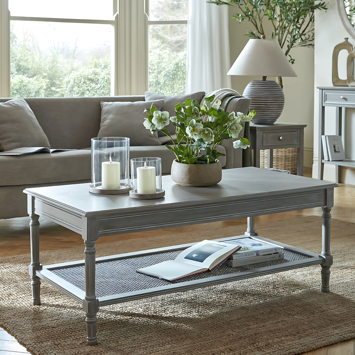 Wooden Coffee Table 120cm Wide Rattan Shelf - Serene