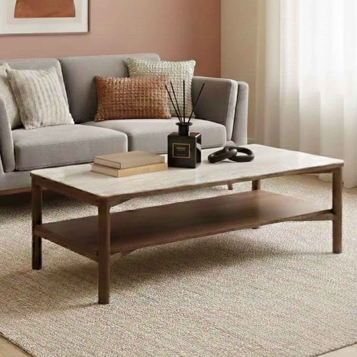 Wooden Coffee Table 120cm Wide With Marble Effect Glass Top - Willow