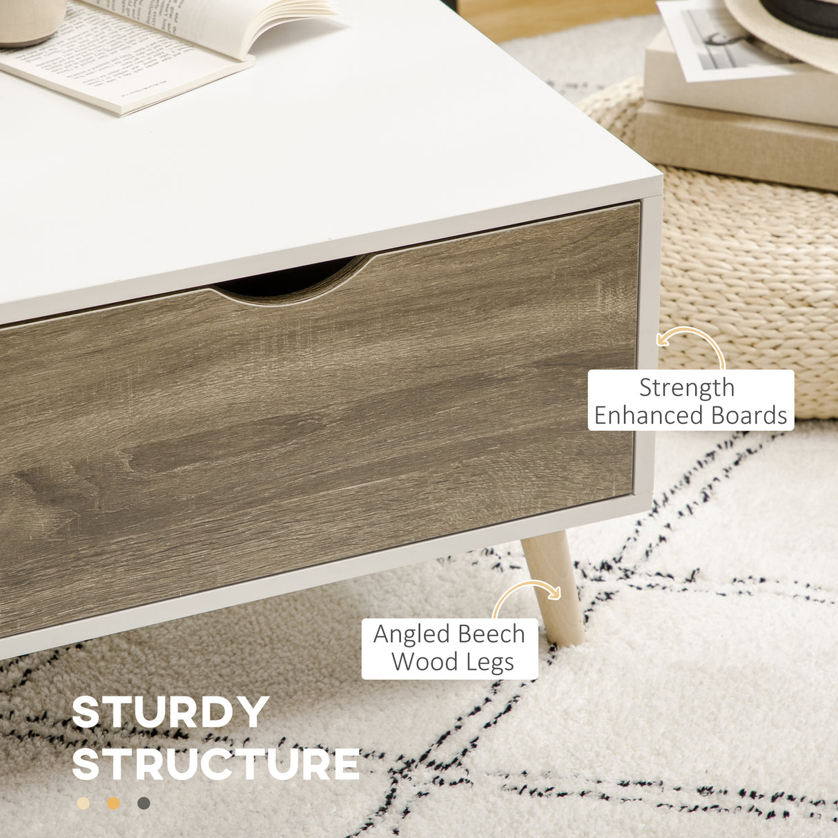 Wooden Coffee Table Rectangular With Open Shelves And 2 Drawers - Velmora